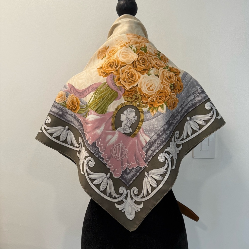 Authentic Christian Dior Silk Scarf with Orange and Gray Accents - Picture 8 of 10